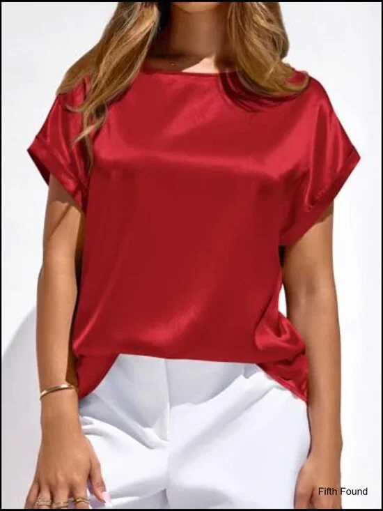 Satin Short Sleeve Blouse Crew Neck Loose Fit Business Casual Top - Picture 2 of 7